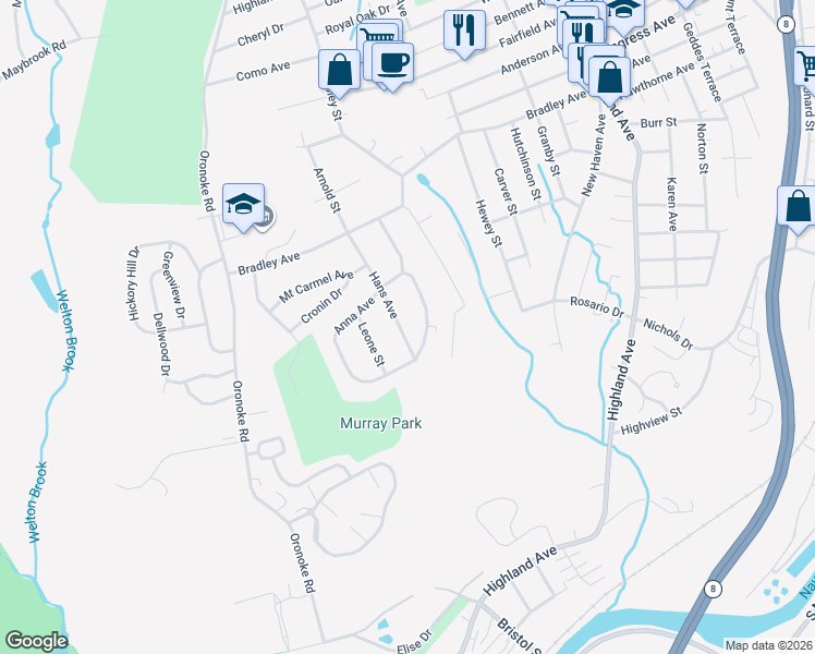 map of restaurants, bars, coffee shops, grocery stores, and more near 97 Hans Avenue in Waterbury
