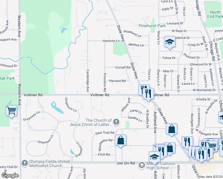 map of restaurants, bars, coffee shops, grocery stores, and more near 1834 Harvard Road in Flossmoor