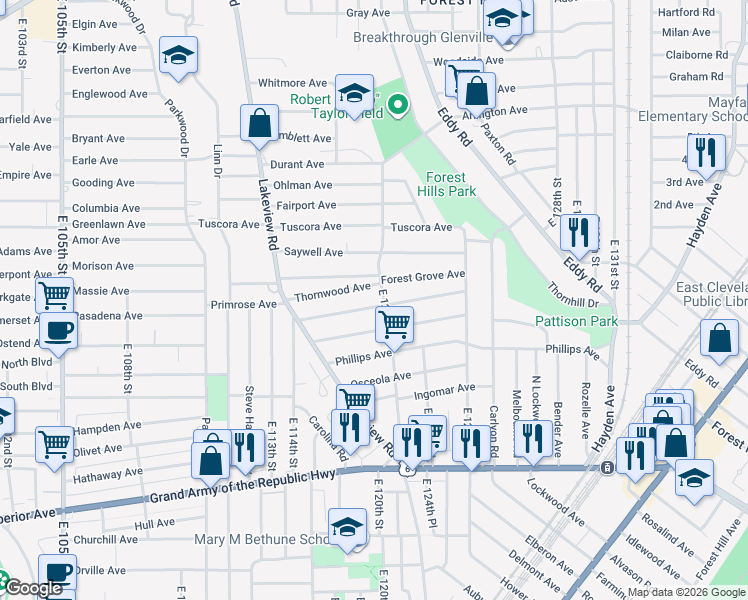 map of restaurants, bars, coffee shops, grocery stores, and more near 12304 Forest Grove Avenue in Cleveland