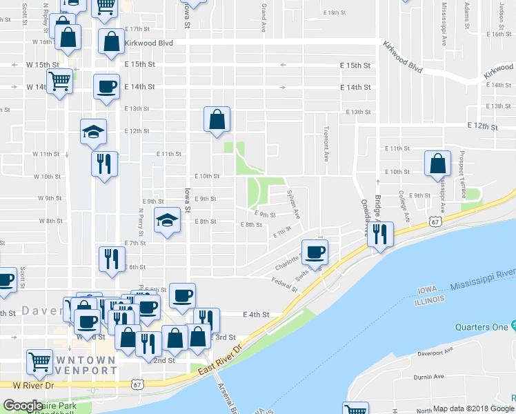 map of restaurants, bars, coffee shops, grocery stores, and more near 901 Grand Avenue in Davenport