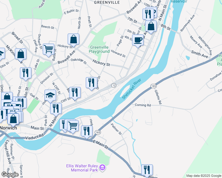 map of restaurants, bars, coffee shops, grocery stores, and more near 239-241 North Main Street in Norwich