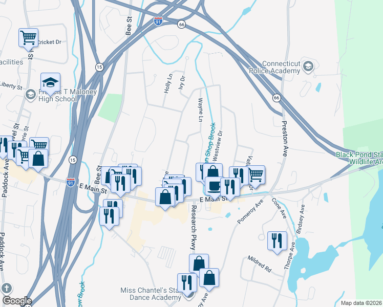 map of restaurants, bars, coffee shops, grocery stores, and more near 128 Lowe Avenue in Meriden