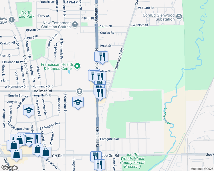 map of restaurants, bars, coffee shops, grocery stores, and more near 19800 Glenwood Road in Chicago Heights