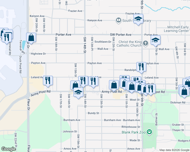 map of restaurants, bars, coffee shops, grocery stores, and more near 1309 Leland Avenue in Des Moines