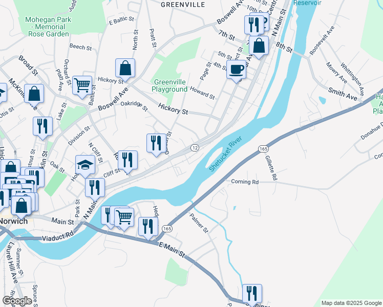 map of restaurants, bars, coffee shops, grocery stores, and more near 32 Central Avenue in Norwich