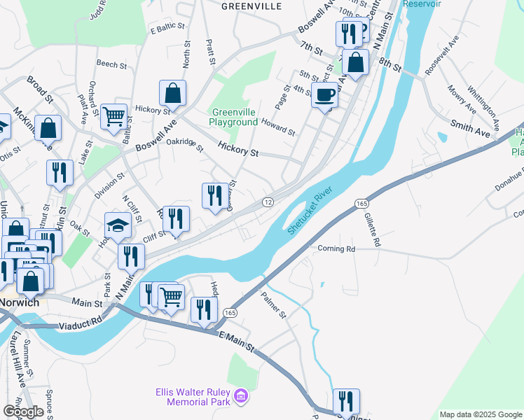 map of restaurants, bars, coffee shops, grocery stores, and more near 239-241 North Main Street in Norwich