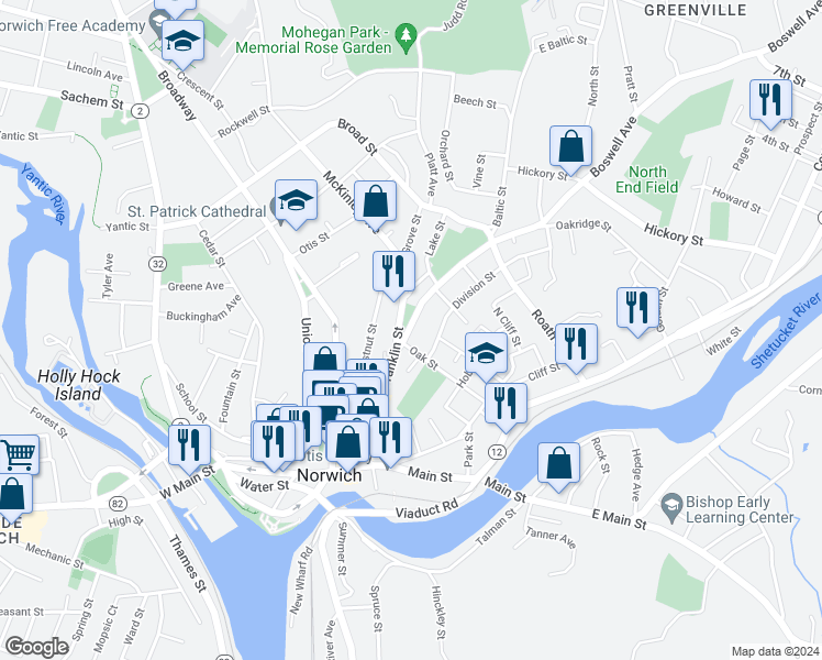 map of restaurants, bars, coffee shops, grocery stores, and more near 29 Boswell Avenue in Norwich