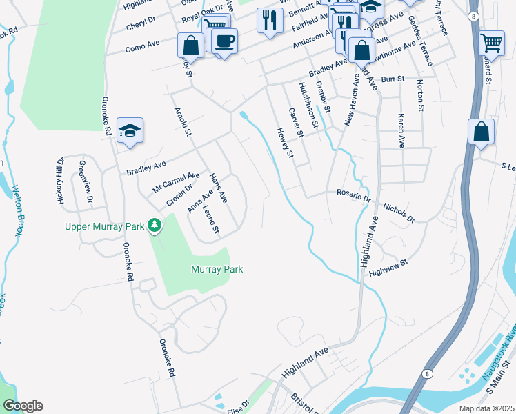 map of restaurants, bars, coffee shops, grocery stores, and more near 120 Lucille Street in Waterbury