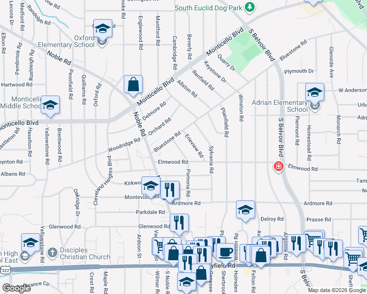 map of restaurants, bars, coffee shops, grocery stores, and more near 1143 Erieview Road in Cleveland Heights