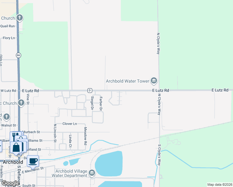 map of restaurants, bars, coffee shops, grocery stores, and more near 705 East Lutz Road in Archbold