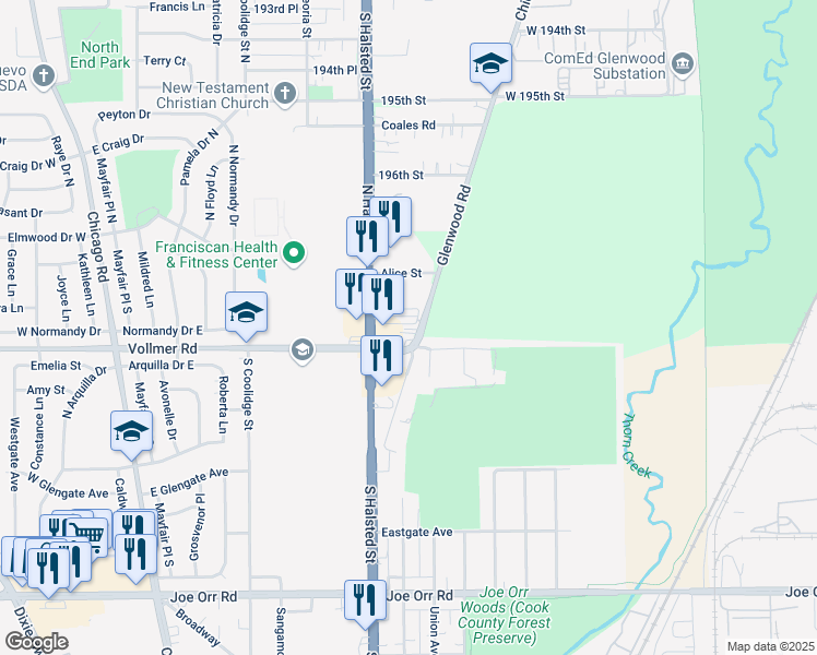 map of restaurants, bars, coffee shops, grocery stores, and more near 19800 Glenwood Road in Chicago Heights