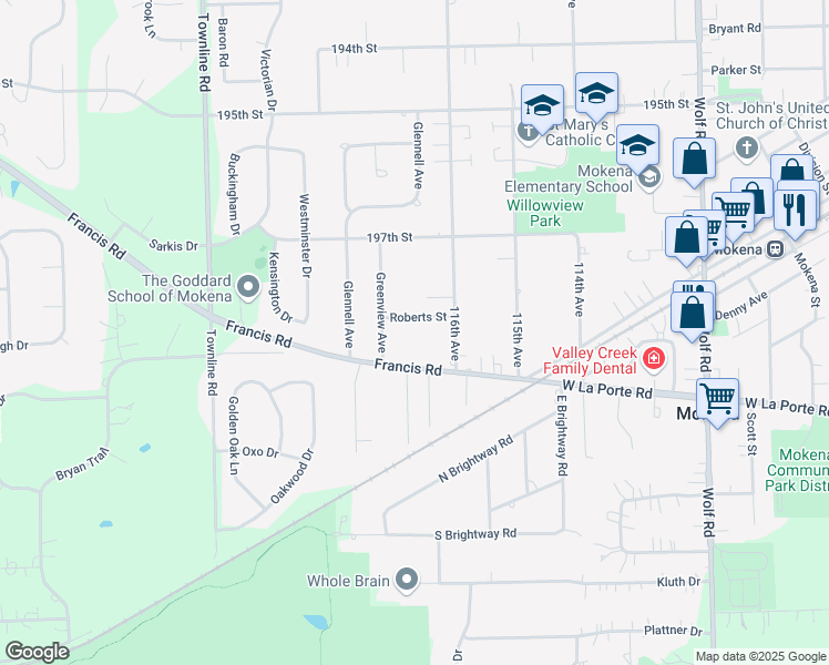 map of restaurants, bars, coffee shops, grocery stores, and more near 11618 Roberts Street in Mokena