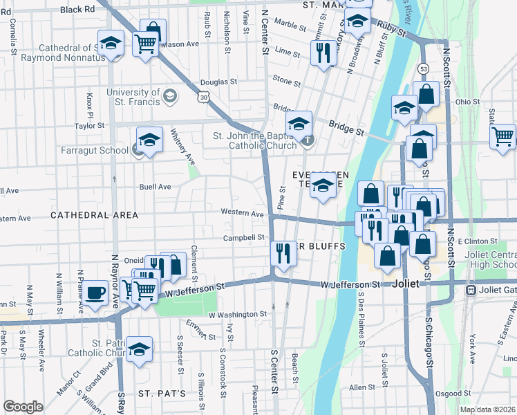 map of restaurants, bars, coffee shops, grocery stores, and more near 413 Buell Avenue in Joliet