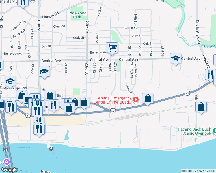 map of restaurants, bars, coffee shops, grocery stores, and more near 706 27th Street in Bettendorf