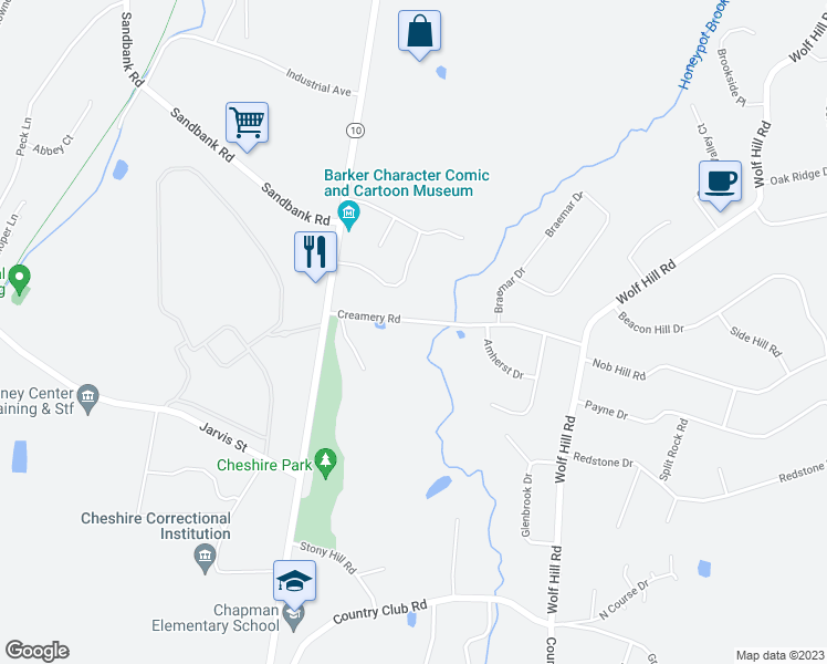 map of restaurants, bars, coffee shops, grocery stores, and more near 65 Creamery Road in Cheshire