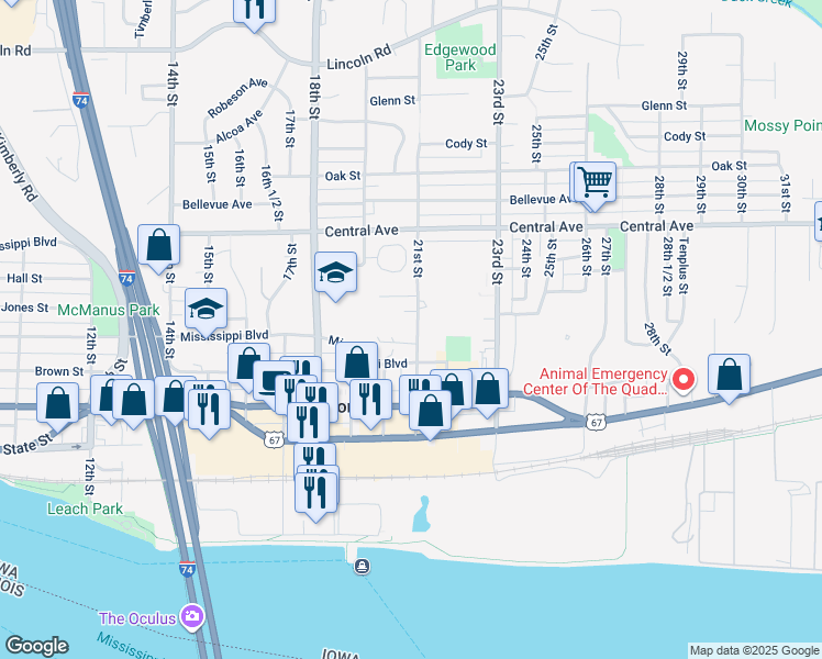 map of restaurants, bars, coffee shops, grocery stores, and more near 614 21st Street in Bettendorf