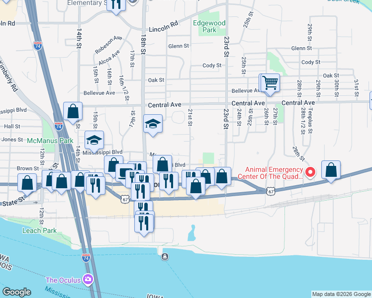 map of restaurants, bars, coffee shops, grocery stores, and more near 2018 Ridgeway Court in Bettendorf