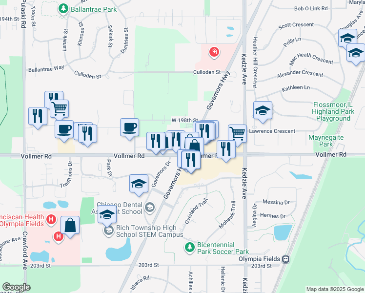 map of restaurants, bars, coffee shops, grocery stores, and more near 3415 Vollmer Road in Flossmoor