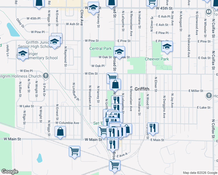 map of restaurants, bars, coffee shops, grocery stores, and more near 422 North Griffith Boulevard in Griffith
