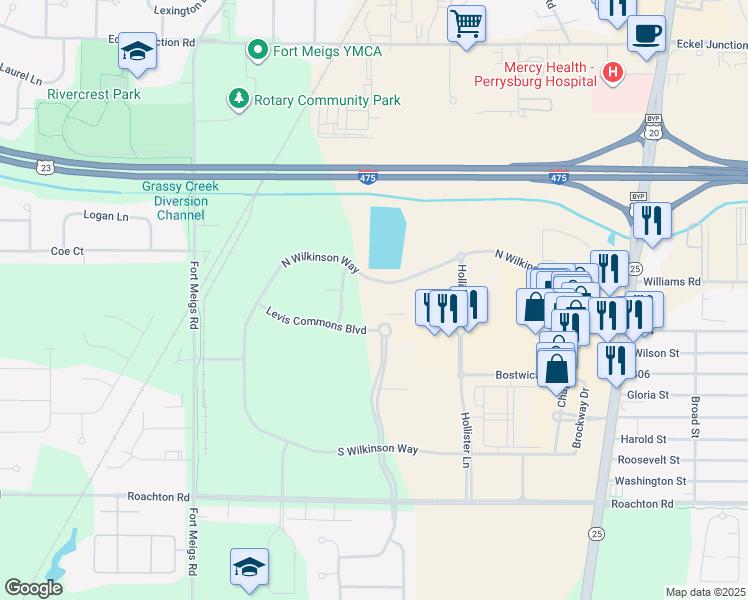 map of restaurants, bars, coffee shops, grocery stores, and more near 1 Michael Owens Way in Perrysburg