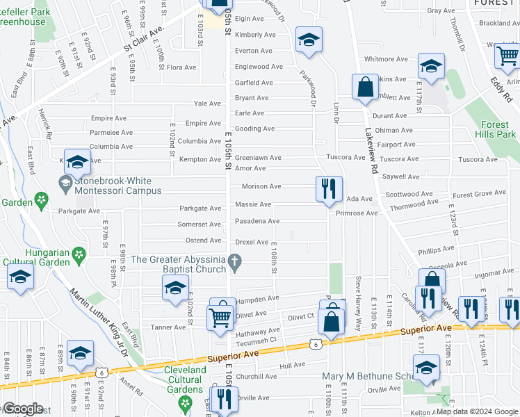 map of restaurants, bars, coffee shops, grocery stores, and more near 10700 Massie Avenue in Cleveland