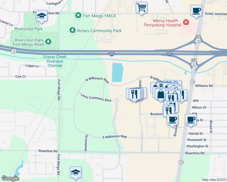 map of restaurants, bars, coffee shops, grocery stores, and more near 1 Michael Owens Way in Perrysburg