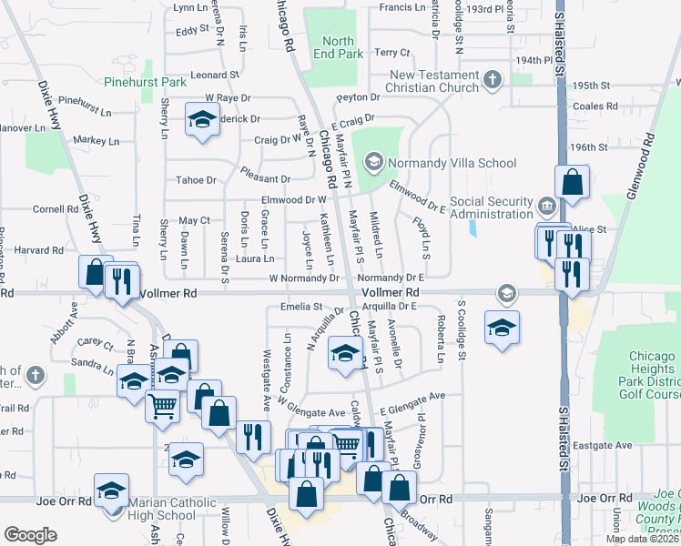 map of restaurants, bars, coffee shops, grocery stores, and more near 181 Kathleen Lane in Chicago Heights