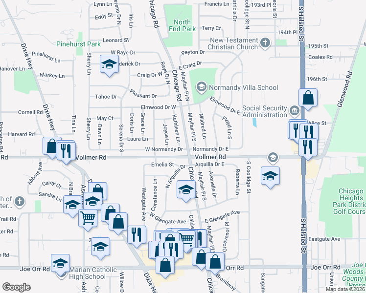 map of restaurants, bars, coffee shops, grocery stores, and more near 191 Kathleen Lane in Chicago Heights