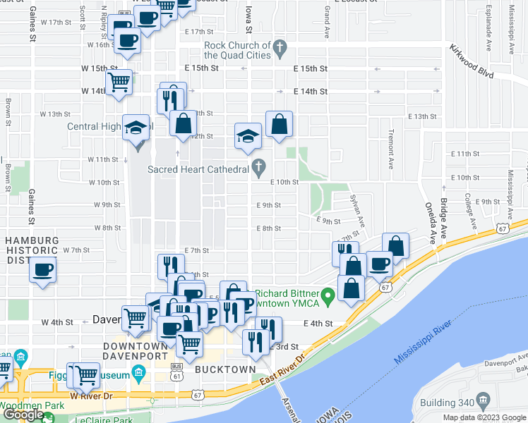 map of restaurants, bars, coffee shops, grocery stores, and more near 423 East 9th Street in Davenport