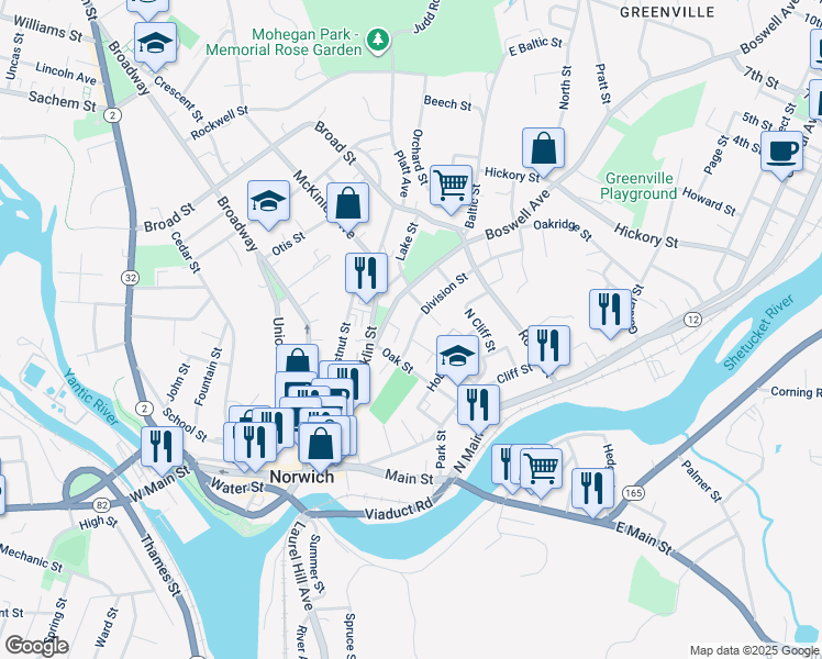 map of restaurants, bars, coffee shops, grocery stores, and more near 28 Division Street in Norwich