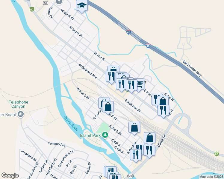 map of restaurants, bars, coffee shops, grocery stores, and more near 48 West Railroad Street in Green River