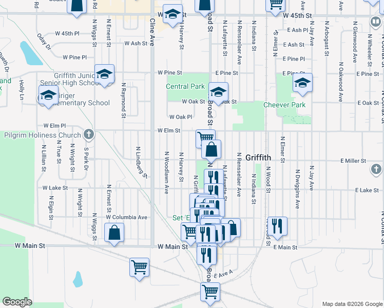 map of restaurants, bars, coffee shops, grocery stores, and more near 422 North Griffith Boulevard in Griffith
