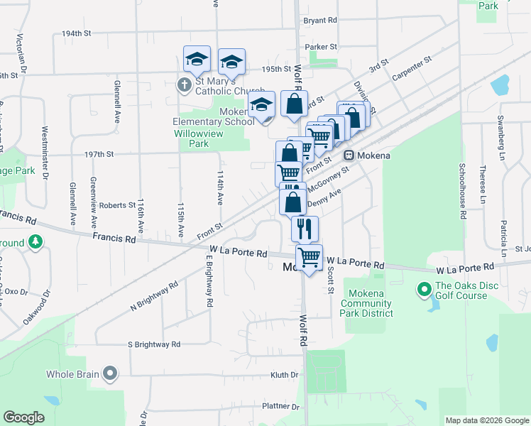 map of restaurants, bars, coffee shops, grocery stores, and more near 11246 Pin Oak Circle in Mokena