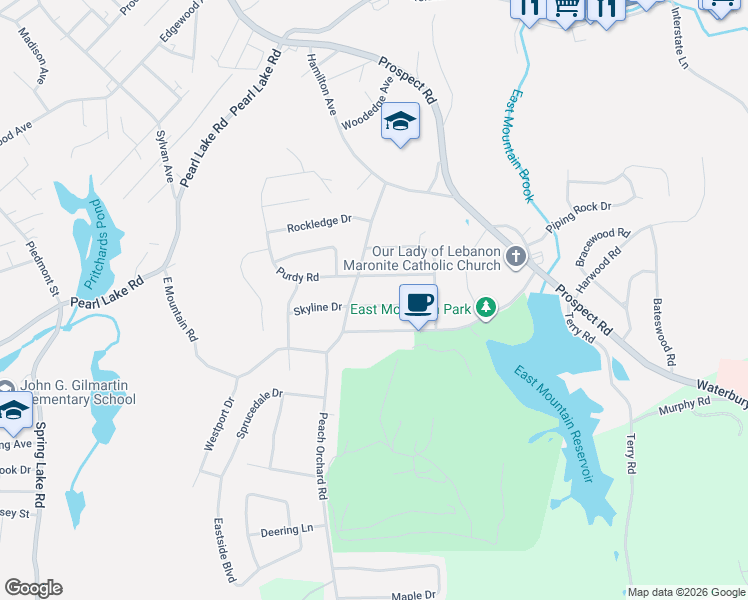 map of restaurants, bars, coffee shops, grocery stores, and more near 29 Fleetwood Drive in Waterbury
