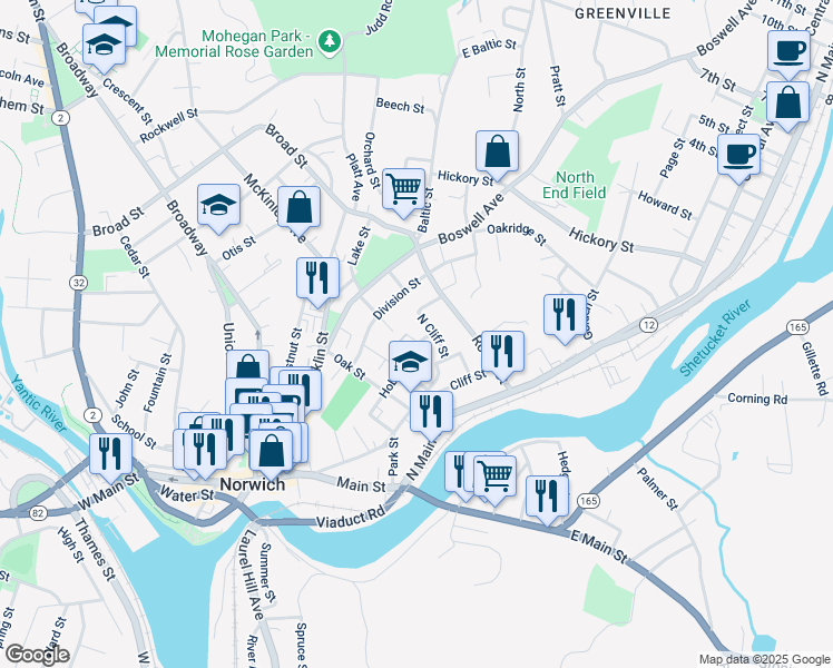 map of restaurants, bars, coffee shops, grocery stores, and more near 70 North Cliff Street in Norwich