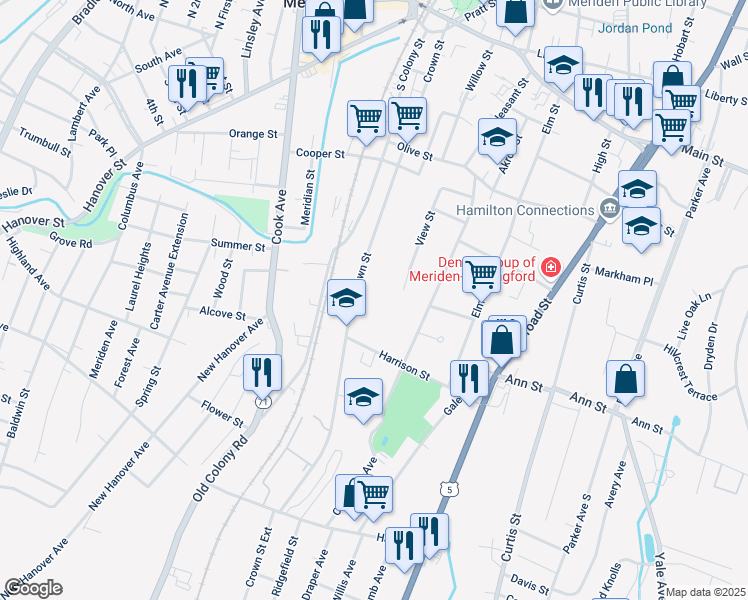 map of restaurants, bars, coffee shops, grocery stores, and more near 161 View Street in Meriden