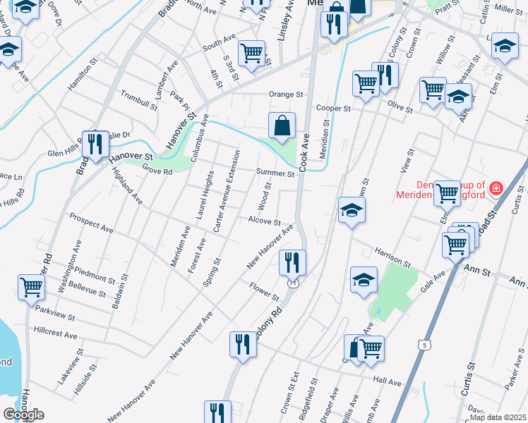 map of restaurants, bars, coffee shops, grocery stores, and more near 59 Wood Street in Meriden