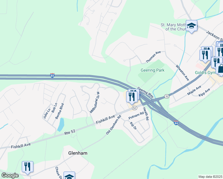 map of restaurants, bars, coffee shops, grocery stores, and more near 10(N Millholland Drive in Fishkill