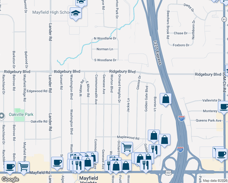 map of restaurants, bars, coffee shops, grocery stores, and more near 1157 Worton Boulevard in Mayfield Heights