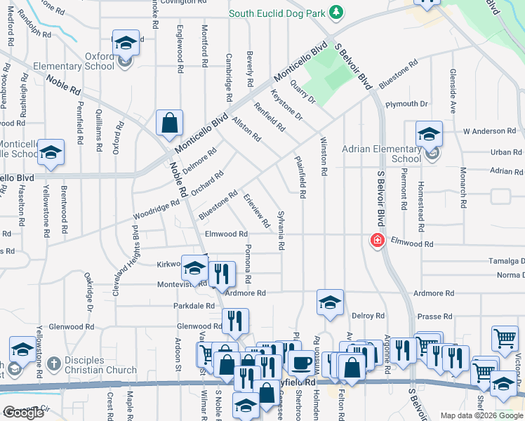 map of restaurants, bars, coffee shops, grocery stores, and more near 1143 Erieview Road in Cleveland Heights