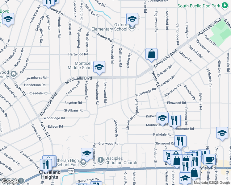 map of restaurants, bars, coffee shops, grocery stores, and more near 1152 Pennfield Road in Cleveland Heights
