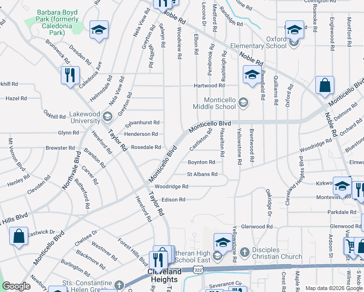 map of restaurants, bars, coffee shops, grocery stores, and more near 3483 Monticello Boulevard in Cleveland Heights