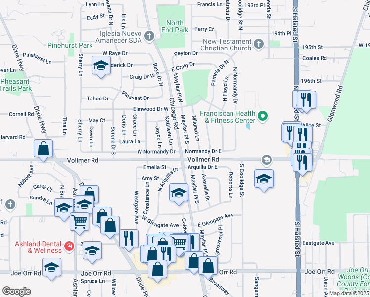 map of restaurants, bars, coffee shops, grocery stores, and more near 157 Mayfair Place South in Chicago Heights