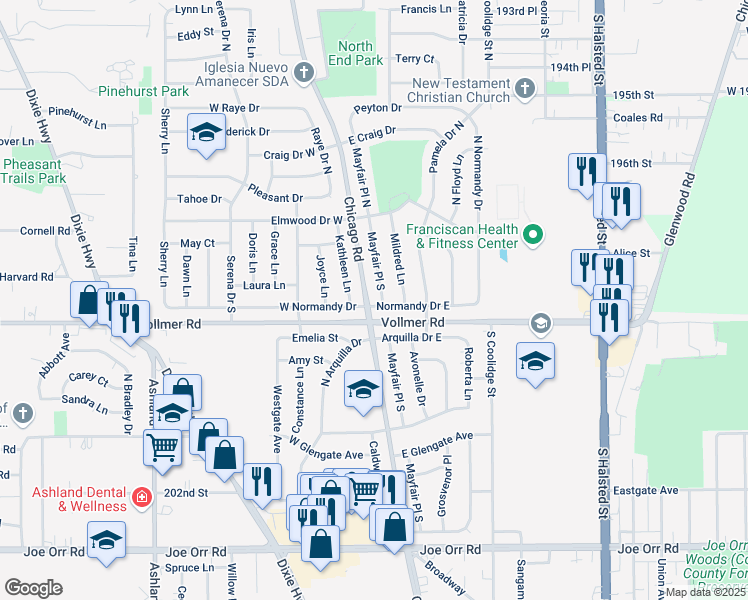 map of restaurants, bars, coffee shops, grocery stores, and more near 157 Mayfair Place South in Chicago Heights