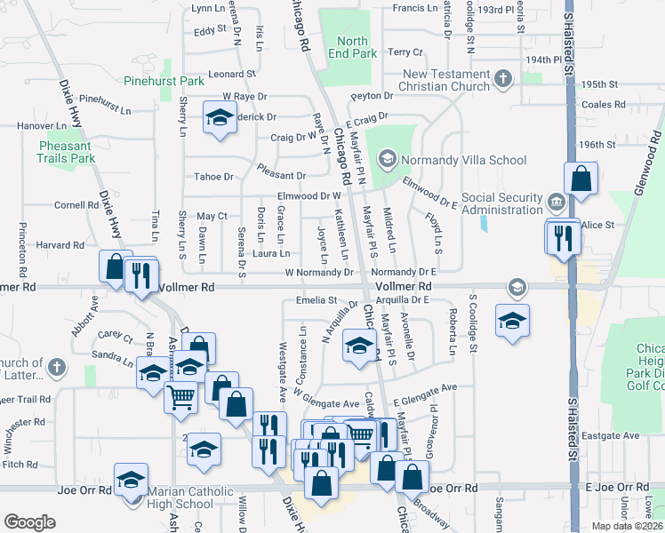 map of restaurants, bars, coffee shops, grocery stores, and more near 180 Joyce Lane in Chicago Heights