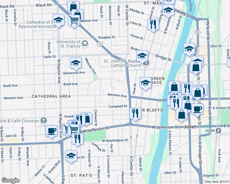 map of restaurants, bars, coffee shops, grocery stores, and more near 310 Nicholson Street in Joliet