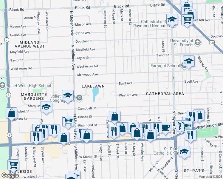 map of restaurants, bars, coffee shops, grocery stores, and more near 1156 Buell Avenue in Joliet