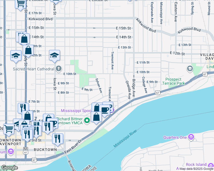 map of restaurants, bars, coffee shops, grocery stores, and more near 931 Sylvan Avenue in Davenport