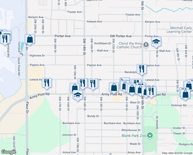 map of restaurants, bars, coffee shops, grocery stores, and more near 1219 Leland Avenue in Des Moines