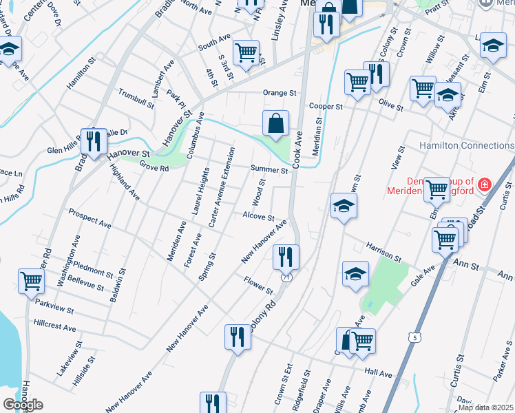 map of restaurants, bars, coffee shops, grocery stores, and more near 59 Wood Street in Meriden